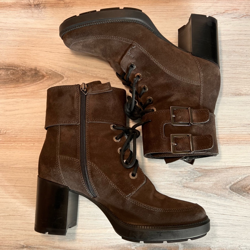 Aquatalia Suede Stacked Heel Boot, sz 7.5